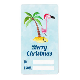 Étiquette Flamant rose avec chapeau de Père Noël rouge Noël