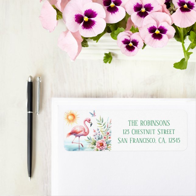 Étiquette Flamant rose d'aquarelle de printemps Adresse de r (Créateur téléchargé)