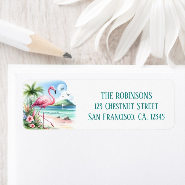 Étiquette Flamant rose d'été aquarelle sur la plage (En situation)