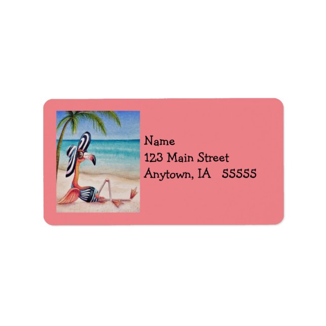 Étiquette Flamant rose rose blanc no 1 Aquarelle Art (Devant)