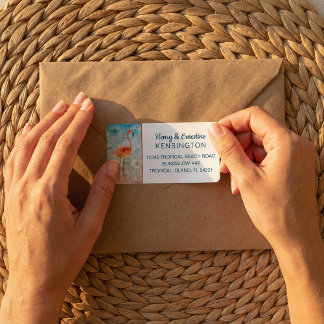 Étiquette Flamant rose rose | Plage tropicale