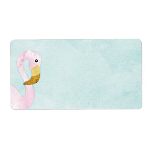 Étiquette Flamant rose rose solo d'aquarelle sur la plage