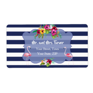 Étiquette Flamant rose tropical Floral Luau Navy Stripes Mar