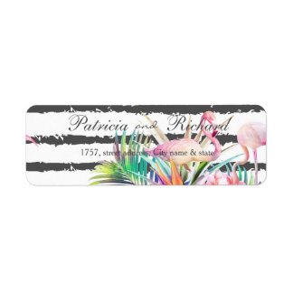 Étiquette Flamants floraux tropicaux rayures design mariage