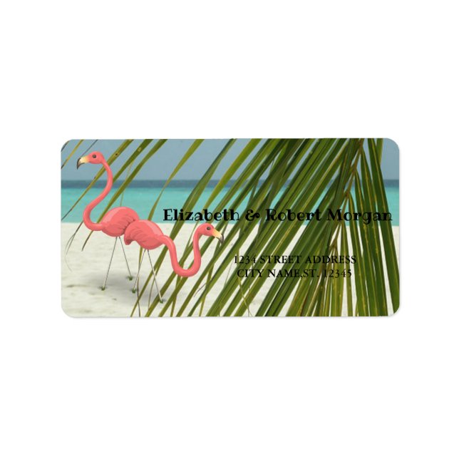 Étiquette Flamingos In Love, Beach, Palm   Wedding Label (Devant)