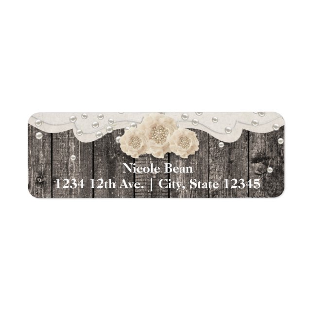 Étiquette Fleur Blanche Romantique & Perles Bois Rustique (Devant)