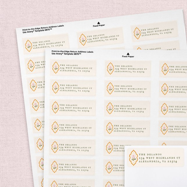 Étiquette Fleur rose Ogee orange Antique Serif Texte (Créateur téléchargé)