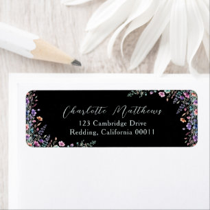 Étiquette Fleur sauvage noir élégant Floral Script Mariage