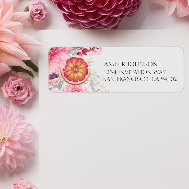 Étiquette Fleurs Aquarelle Rose Citron Fête de Naissance Béb (Citrus and pink watercolor flowers baby shower return address labels, girl baby shower)