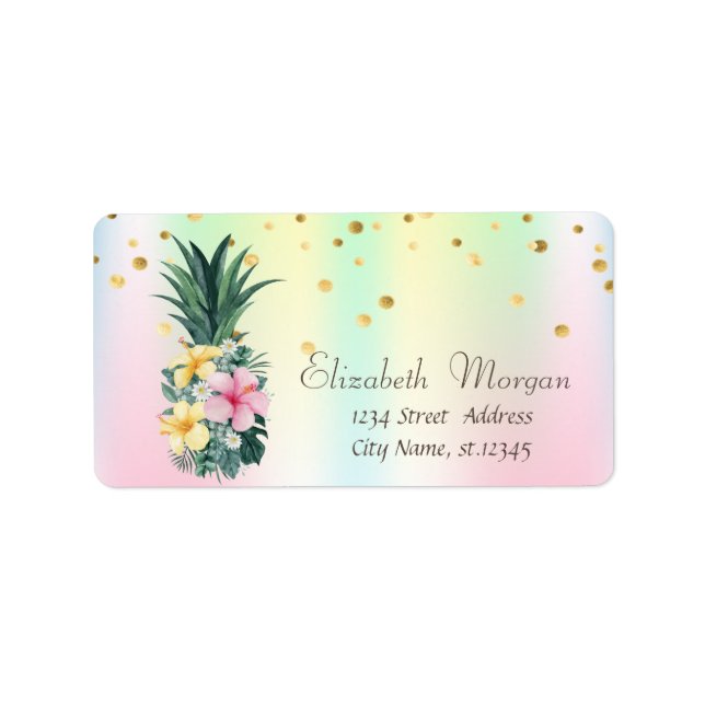 Étiquette Fleurs d'ananas Confettis Holographiques Iridescen (Devant)