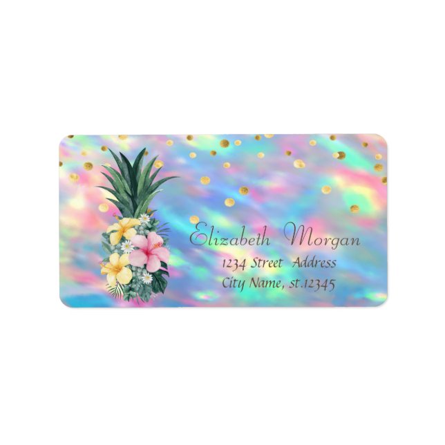 Étiquette Fleurs d'ananas Points Holographiques Iridescents  (Devant)