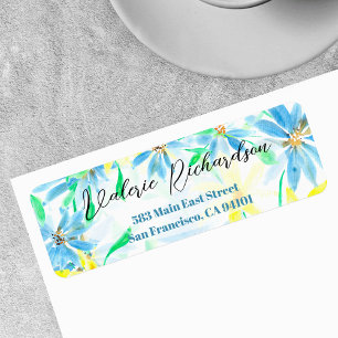 Étiquette Fleurs d'aquarelle bleu et jaune Adresse de retour