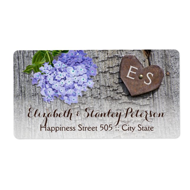 Étiquette Fleurs d'hydrangée bleue et coeur sur bois mariage (Devant)