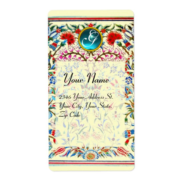 Étiquette FLEURS D'ORIENT DAMAS MONOGRAMME Bleu Crème (Devant)
