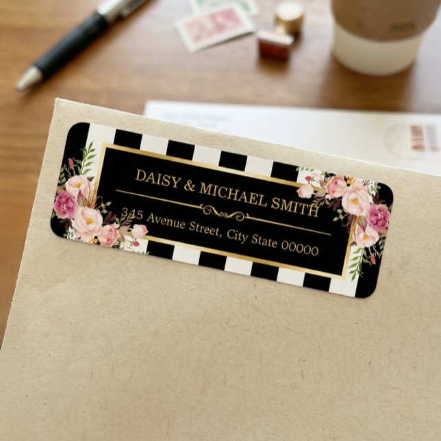 Étiquette Fleurs Élégantes Bandes Noires et Blanches Cadre D (Créateur téléchargé)