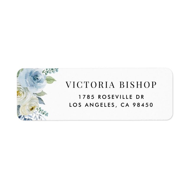 Étiquette Fleurs et feuillage à l'aquarelle bleue et blanche (Devant)