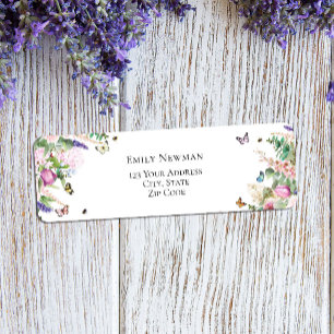 Étiquette Fleurs et papillons élégants rose violet