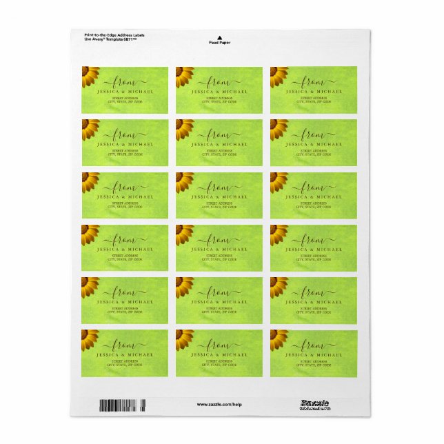 Étiquette Fleurs jaunes sur Mariage vert Abstrait (Feuille entière)