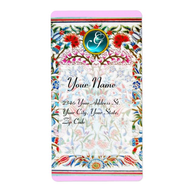 Étiquette FLEURS ORIENTALES DAMAS MONOGRAMME Bleu Rose (Devant)