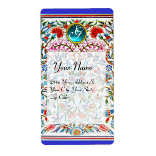 Étiquette FLEURS ORIENTALES DAMASK MONOGRAM Bleu rouge