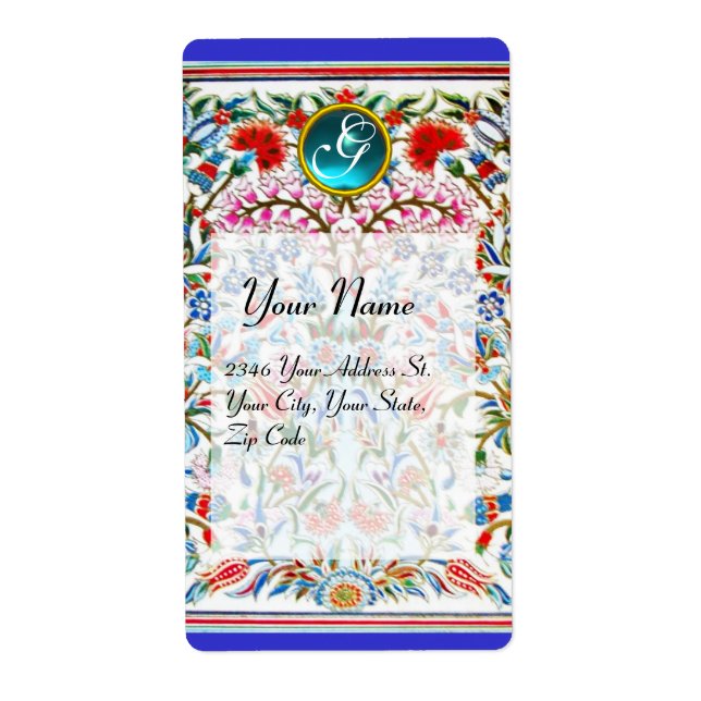 Étiquette FLEURS ORIENTALES DAMASK MONOGRAM Bleu rouge (Devant)