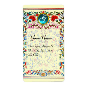 Étiquette FLEURS ORIENTALES DAMASK MONOGRAM Crème Bleue