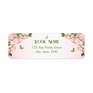 Étiquette fleurs roses chaudes vert feuille mariage