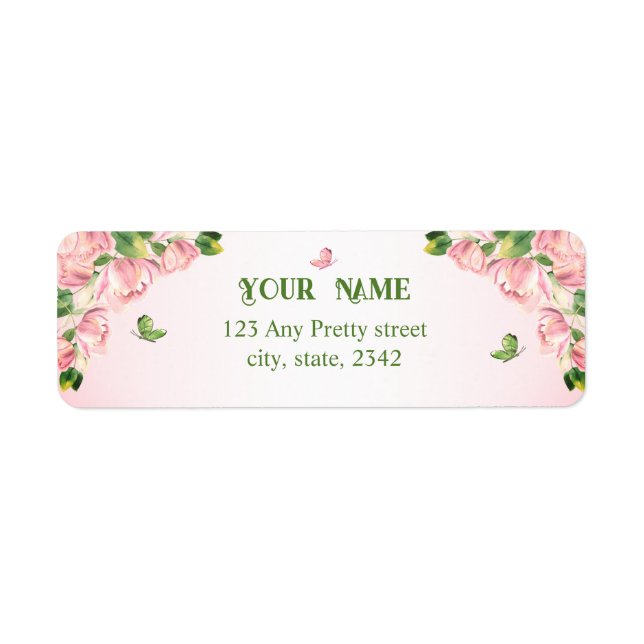Étiquette fleurs roses chaudes vert feuille mariage (Devant)