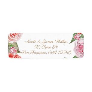 Étiquette Fleurs roses corail pêche verdure feuilles mariage