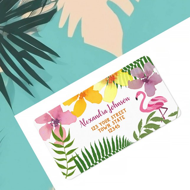 Étiquette Fleurs Tropicales Flamingo Adresse de l'Expéditeur (Créateur téléchargé)