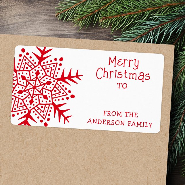 Étiquette Flocon de neige de l'art folklorique fantasque à p (Whimsical folk art snowflake to from gift label)