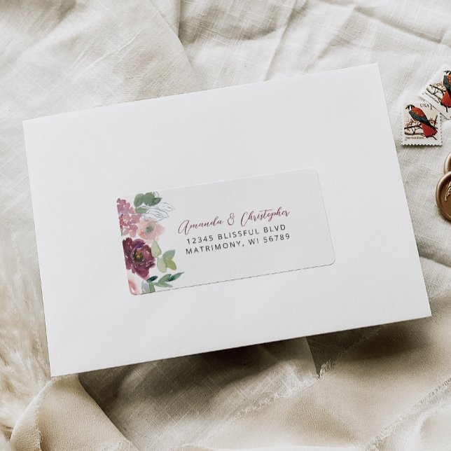 Étiquette Floral Burgundy Blush Wedding Adresse RSVP (Créateur téléchargé)