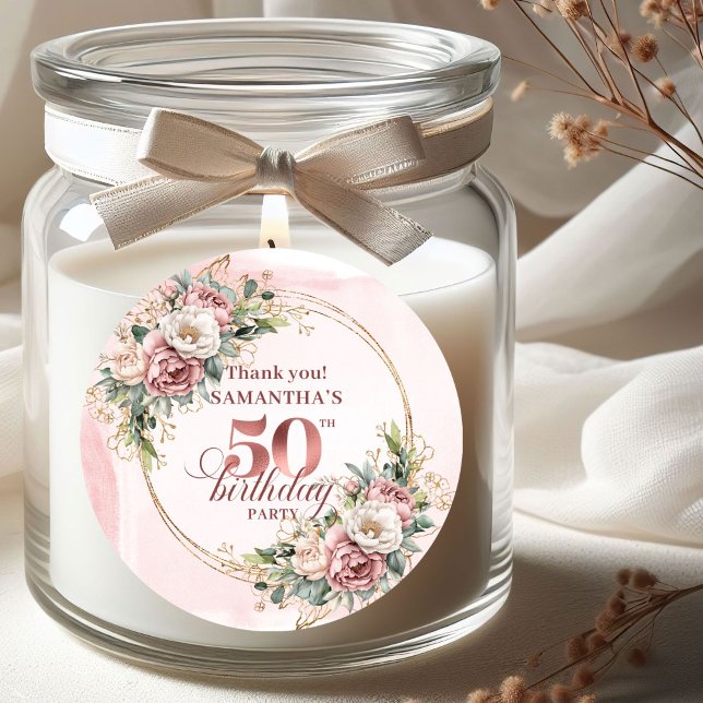 Étiquette Floral de Verdure Teintée de Grâce pour  (Graceful Blush Floral Greenery 50th Birthday Stickers)