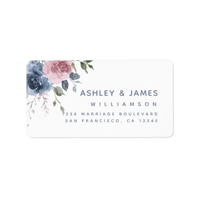 Étiquette Floral Dusty Blue Rose Script Adresse de retour (Devant)