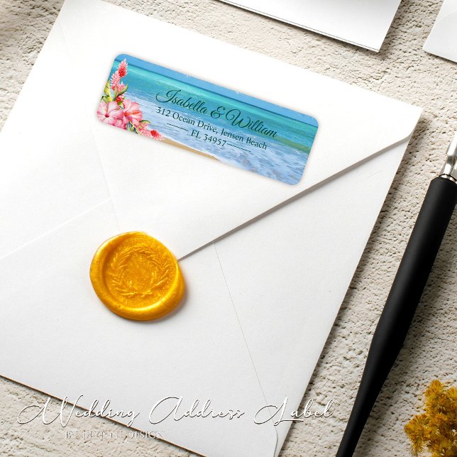 Étiquette Floral Hibiscus Tropical Beach Adresse de mariage (Créateur téléchargé)