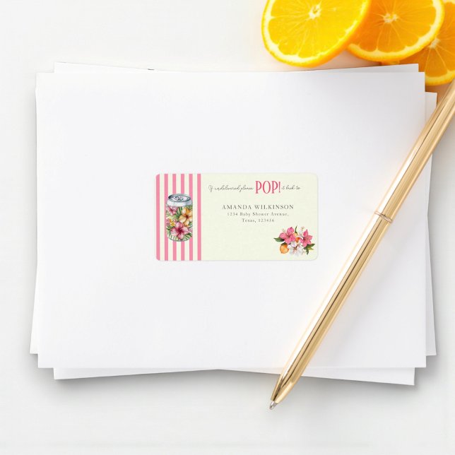 Étiquette Floral Soda Can Pink Stripe Floral Design (Créateur téléchargé)