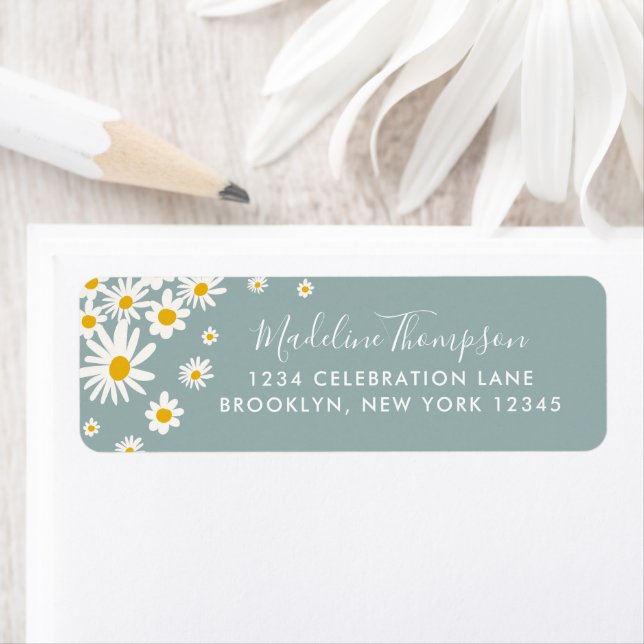 Étiquette Floral Teal Daisy Flower Elegant Script Label (En situation)