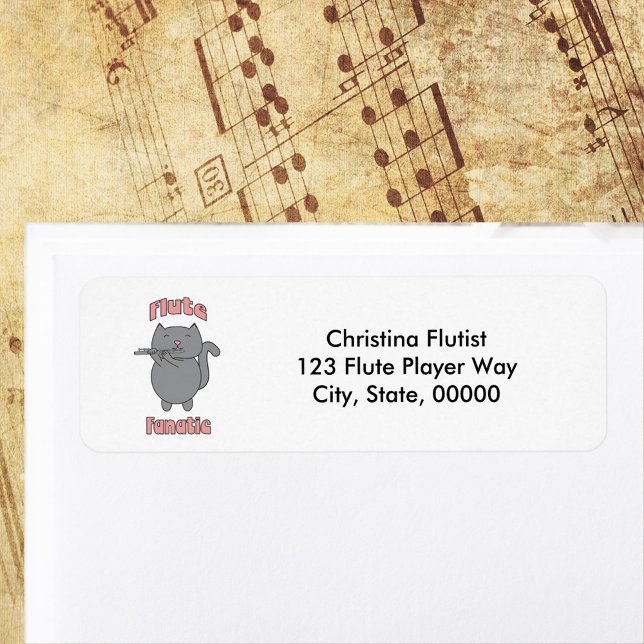 Étiquette Flute Fanatic Music Cat Personalize Return Address (A return address label featuring a cat playing the flute and the words Flute Fanatic.)