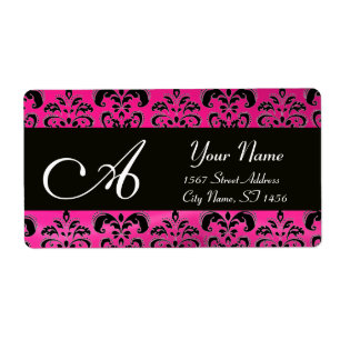 ÉTIQUETTE FUCHSIA ROSE NOIR DAMASK, MONOGRAMME AMÉTHYSTE