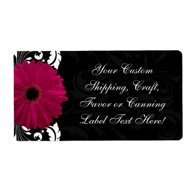 Étiquette Fuchsia Scroll Gerbera Daisy avec noir et blanc (Devant)