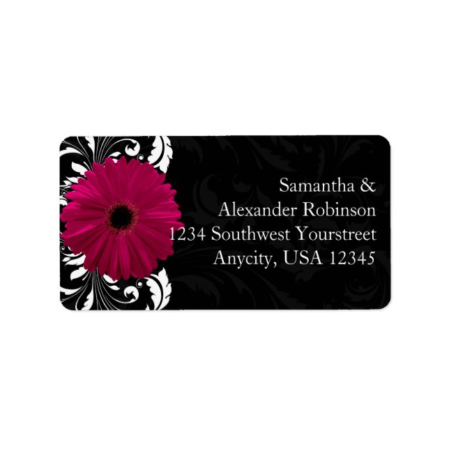 Étiquette Fuchsia Scroll Gerbera Daisy avec noir et blanc (Devant)