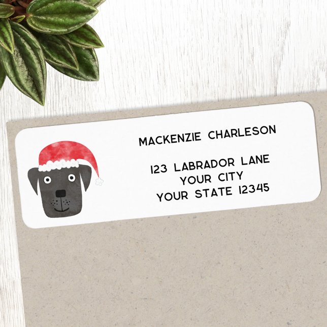 Étiquette Fun Christmas Dog Adresse de retour personnalisée (Black dog in a Christmas Santa hat personalized return address label)