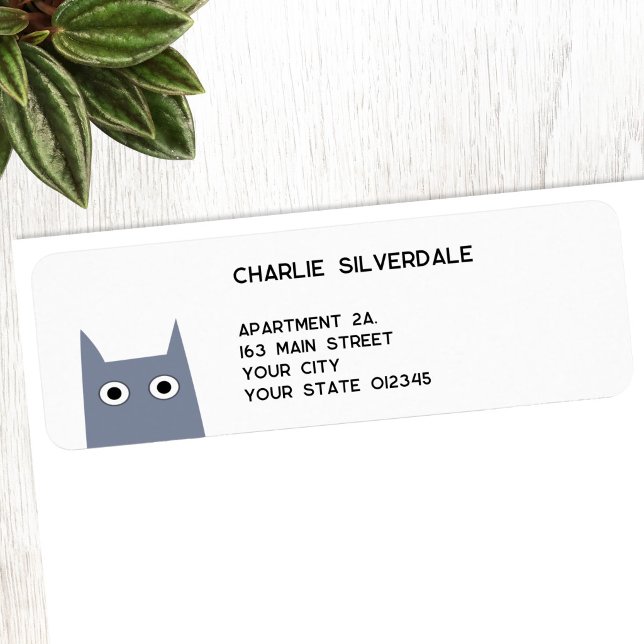 Étiquette Fun Gray Cat Return Address (Fun blue, gray or grey cat return address labels)