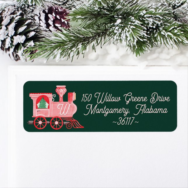Étiquette Fun rose Vintage Train Noël Arbre (Fun Pink Vintage Train Christmas Tree Delivery Green Label)