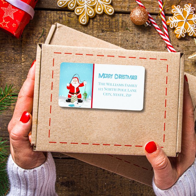 Étiquette Funky Père Noël Pêche Sur Glace Avec Ours Polaire (Créateur téléchargé)