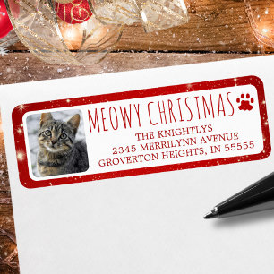 Étiquette Funny Cat MEOWY CHRISTMAS Photo Red Pawprint
