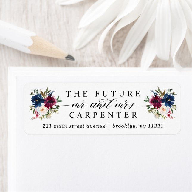 Étiquette Futur M. Mme Marine Bleu Bourgogne Mariage floral (En situation)