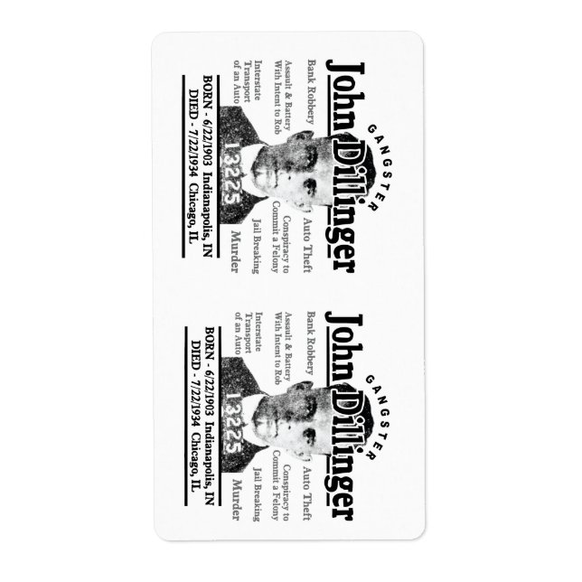 Étiquette Gangster John Dillinger (Devant)