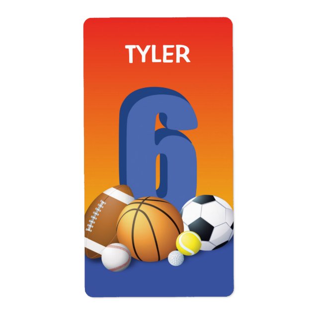 Étiquette Garçon 6e anniversaire Sports Balls (Devant)
