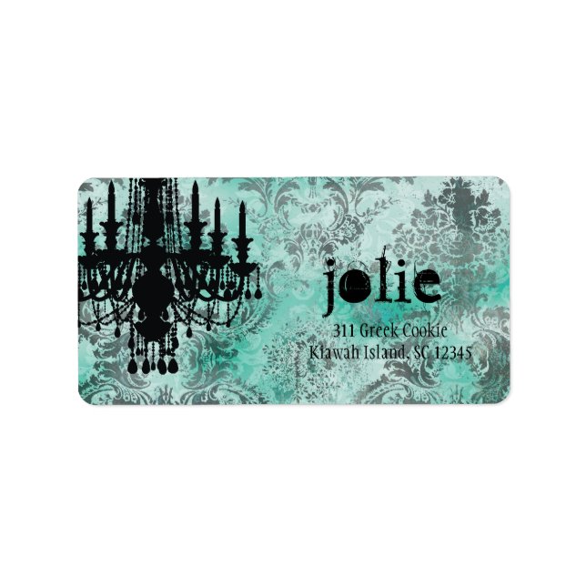 Étiquette GC | Jolie Chandelier Turquoise Lime Damask (Devant)